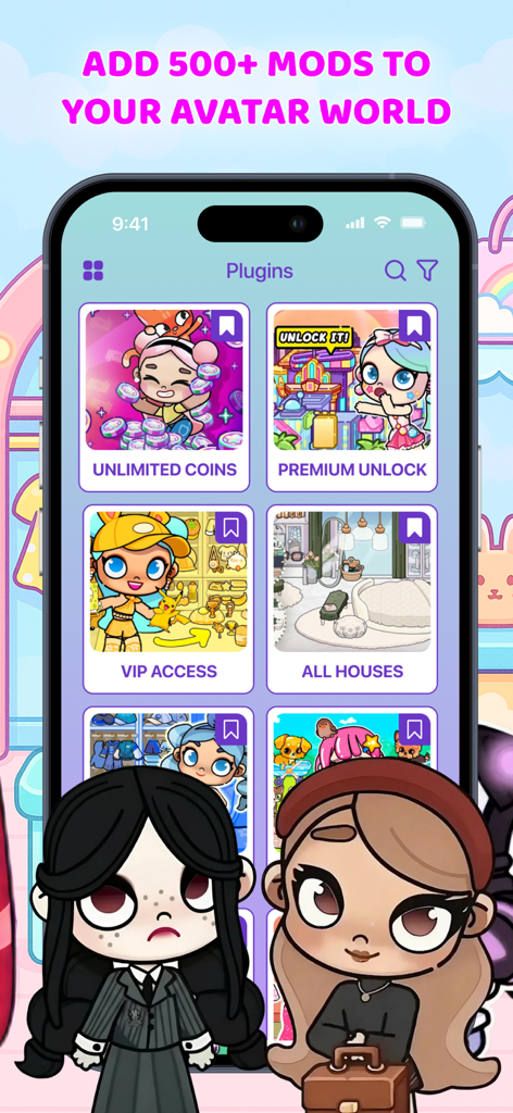 Interface of the Avatar Life app showing various game mods and plugins for city world customization