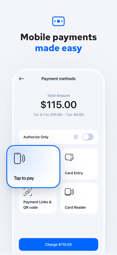 ChargeStripe - Stripe Payments - ChargeStripe mobile app interface showing various payment methods including tap to pay