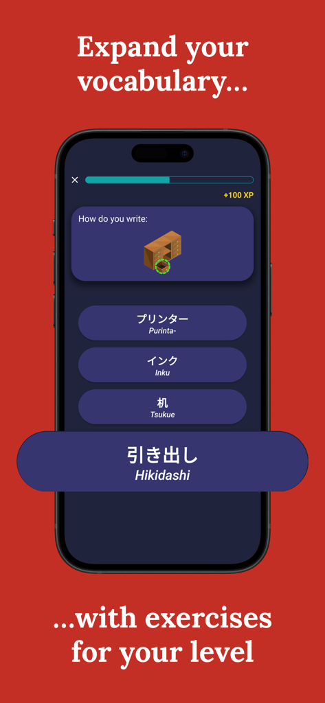 Learn Japanese (Beginners) - Una pantalla móvil que muestra un ejercicio de vocabulario japonés con imágenes y caracteres para principiantes