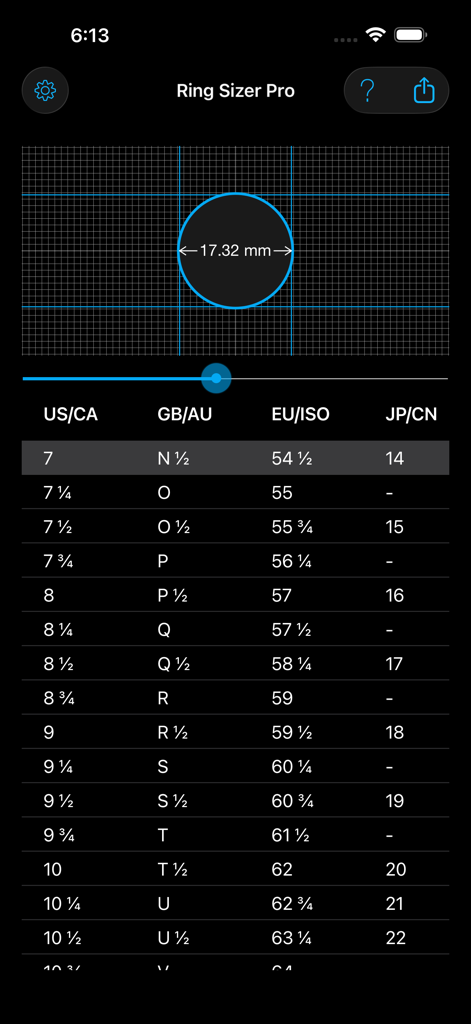 Ring Sizer Pro - Ring Sizer Pro app screenshot showing a measurement circle and an international ring size conversion chart.