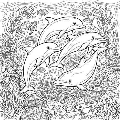 Immerse yourself in the beauty of marine life with this intricate Dolphin Conservation coloring page. Featuring graceful dolphins, a sea turtle, and vibrant coral reefs, it's perfect for celebrating ocean protection and creativity.