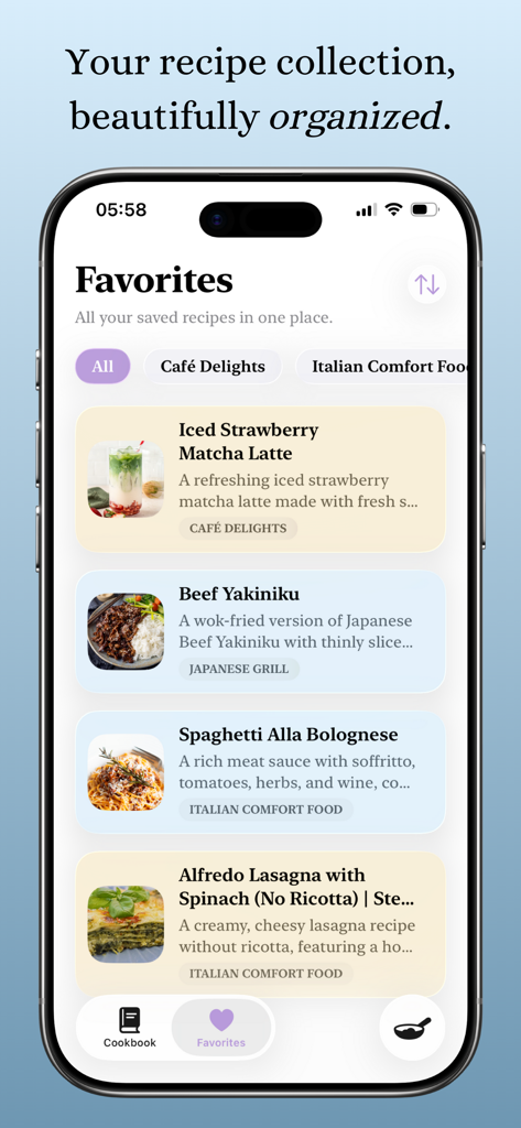 Cookup: Recipes & Tips - Interfaz de la aplicación Cookup que muestra recetas favoritas organizadas y colecciones de comidas