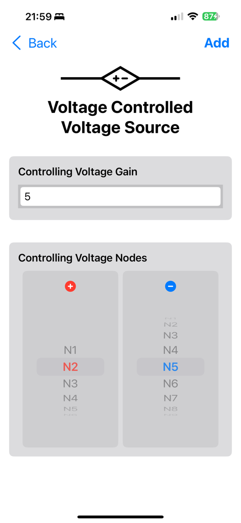 Einstellungen für spannungsgesteuerte Spannungsquelle in Circuit Calculator