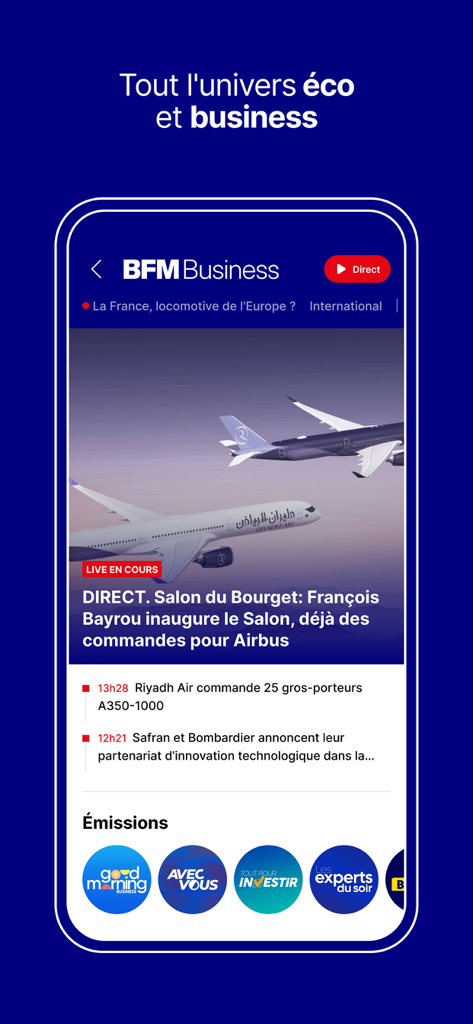 BFM : news, TV, radio en live - Interface da secção BFM Business a mostrar títulos de notícias económicas e ícones de talk shows de negócios