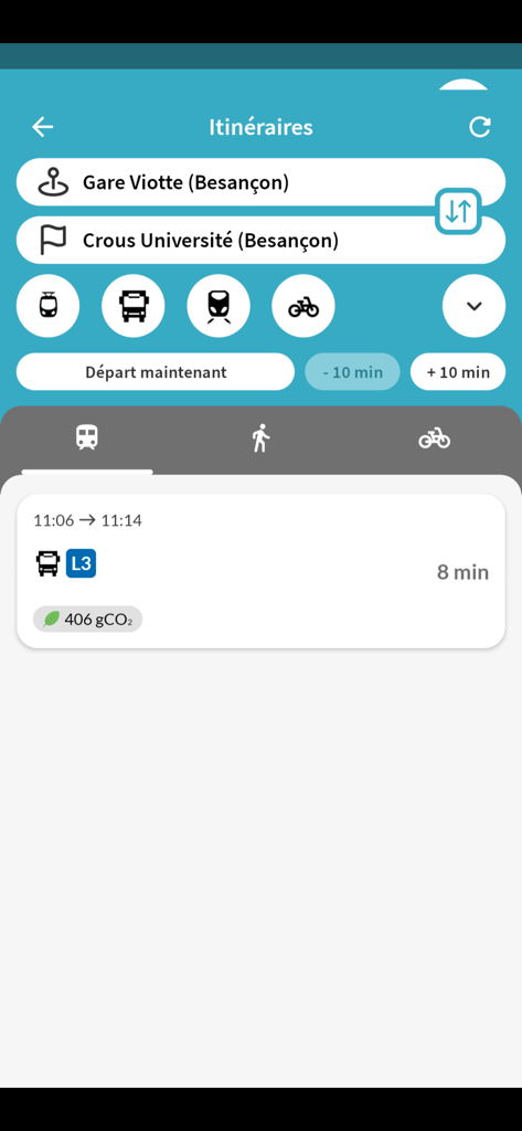 Ginko Mobilités - Écran de planification d'itinéraire de l'application Ginko Mobilités montrant un itinéraire de bus de la Gare Viotte au Crous Université avec le temps de trajet estimé et l'impact CO2