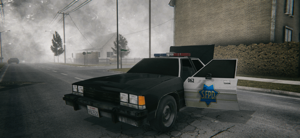 Death Park 2: Scary Clown Game - Un coche de policía con la puerta abierta en una calle suburbana con niebla en Death Park 2