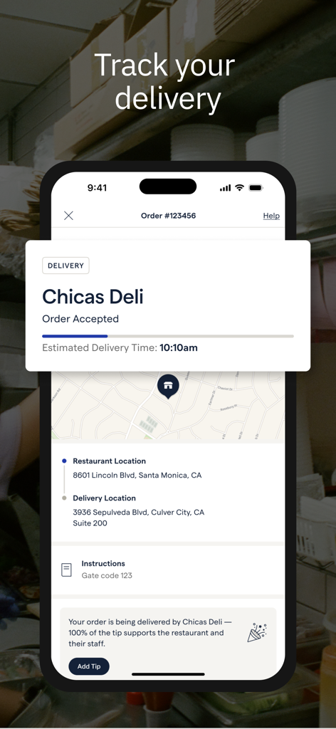 ChowNow app interface for tracking local food delivery in real time