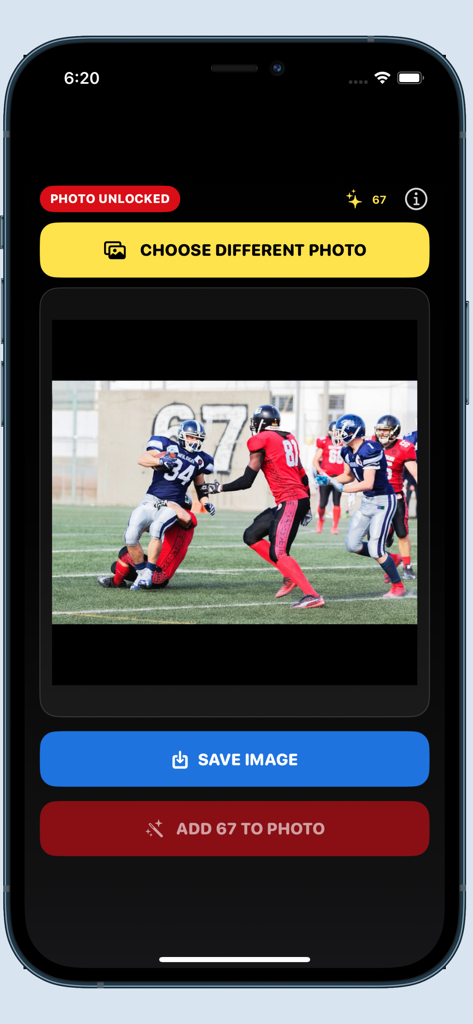 67 App - L'interface utilisateur de 67 App montrant une photo de football en cours d'édition avec des boutons de création de meme