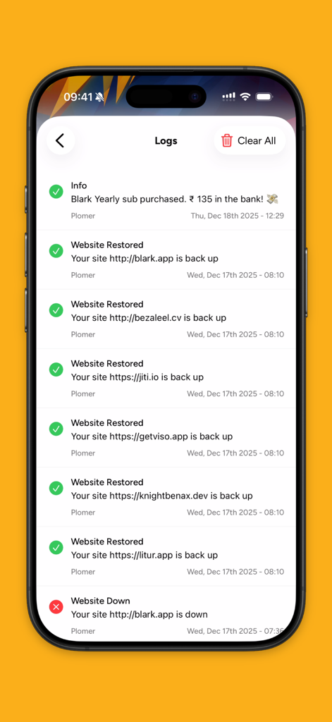 Plomer: Website Monitoring - Captura de pantalla de iPhone de la aplicación Plomer que muestra un registro detallado de alertas de tiempo de actividad e inactividad del sitio web.