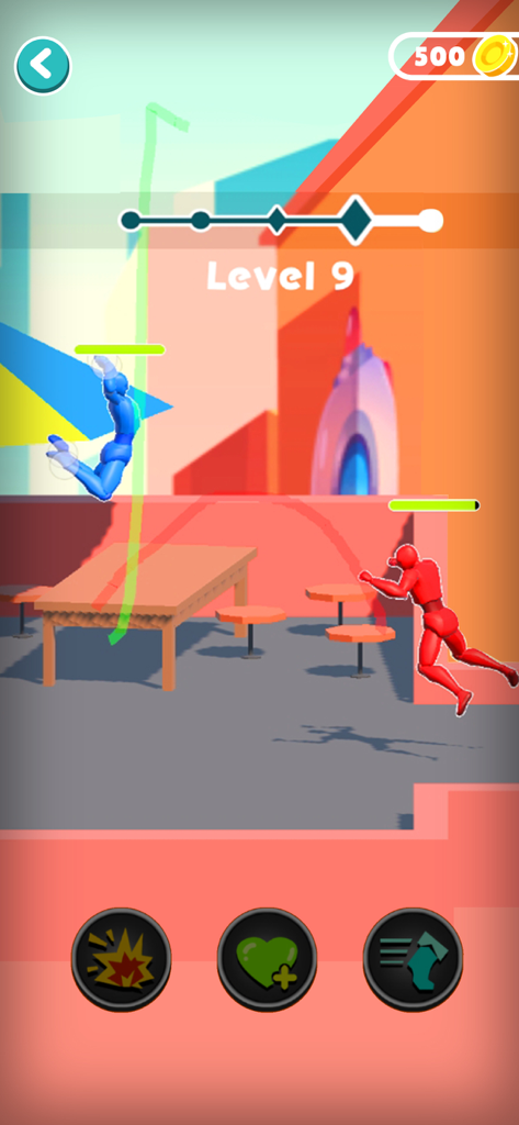 Draw Fight: Freestyle Action - A screenshot of Draw Fight showing a blue and red character battling on a rooftop level with hand-drawn attack lines