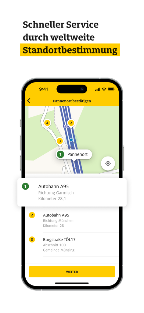 Interface da app ADAC Pannenhilfe a mostrar localização GPS em tempo real num mapa para assistência em viagem