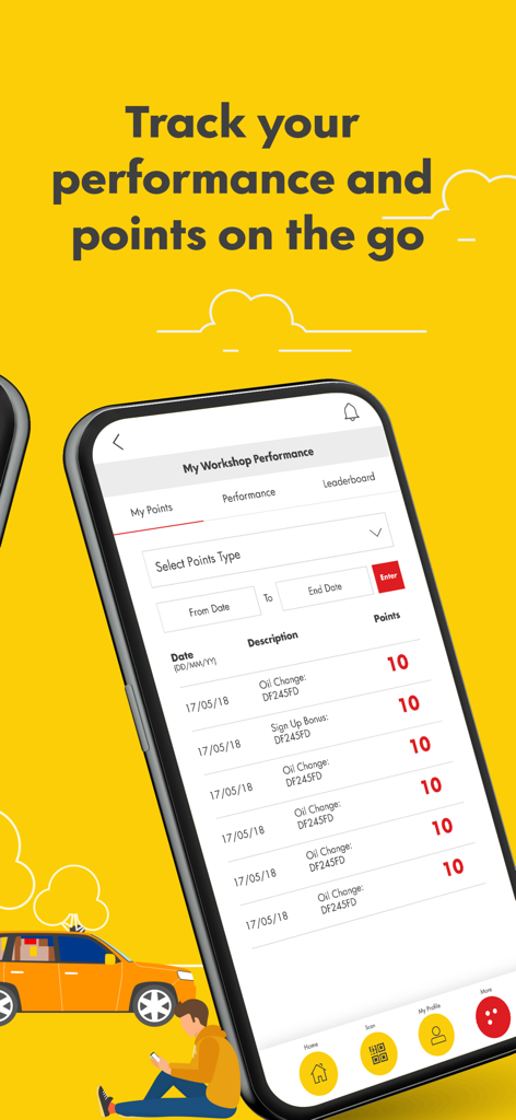 Shell Advantage Rewards app interface showing workshop performance and reward points for oil changes.