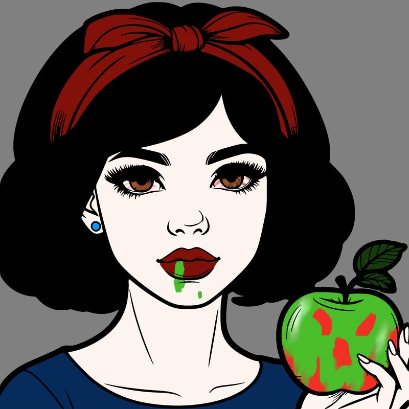 a woman with medium short hair, wearing a headband with a small bow, carrying an apple in her hand, realistic