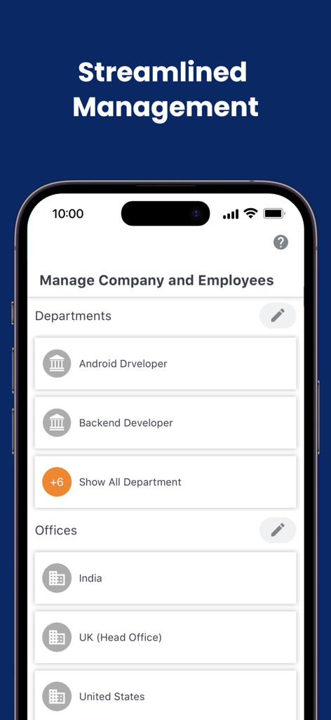 Time Tracker & Hours Tracker - 会社部門とグローバルオフィス場所を管理するためのモバイル画面