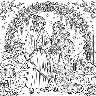 Immerse yourself in the beauty of a traditional Japanese wedding with this exquisite coloring page. Featuring a noble katana-wielding groom and his elegant bride, it's a perfect blend of romance and rich cultural detail.