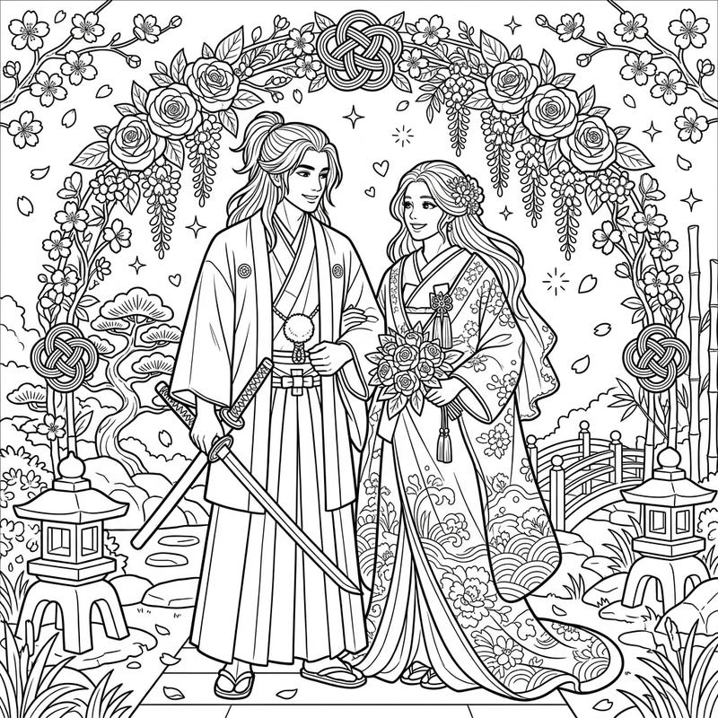 Immerse yourself in the beauty of a traditional Japanese wedding with this exquisite coloring page. Featuring a noble katana-wielding groom and his elegant bride, it's a perfect blend of romance and rich cultural detail.