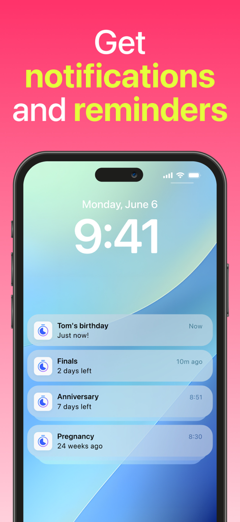 Countdown - Widget & Timer - Pantalla de bloqueo del iPhone que muestra notificaciones de eventos para cumpleaños y aniversarios de la aplicación Countdown.