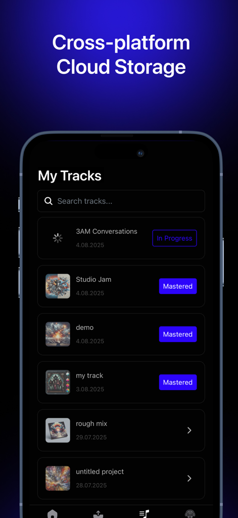 Audio Mastering - SoundBoost - Mobile interface of SoundBoost showing a list of mastered and in-progress audio tracks in a cloud storage library.