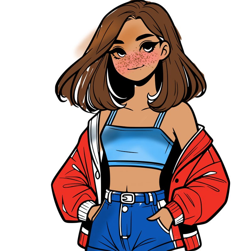 a realistic girl with a crop top and short shorts in an open jacket