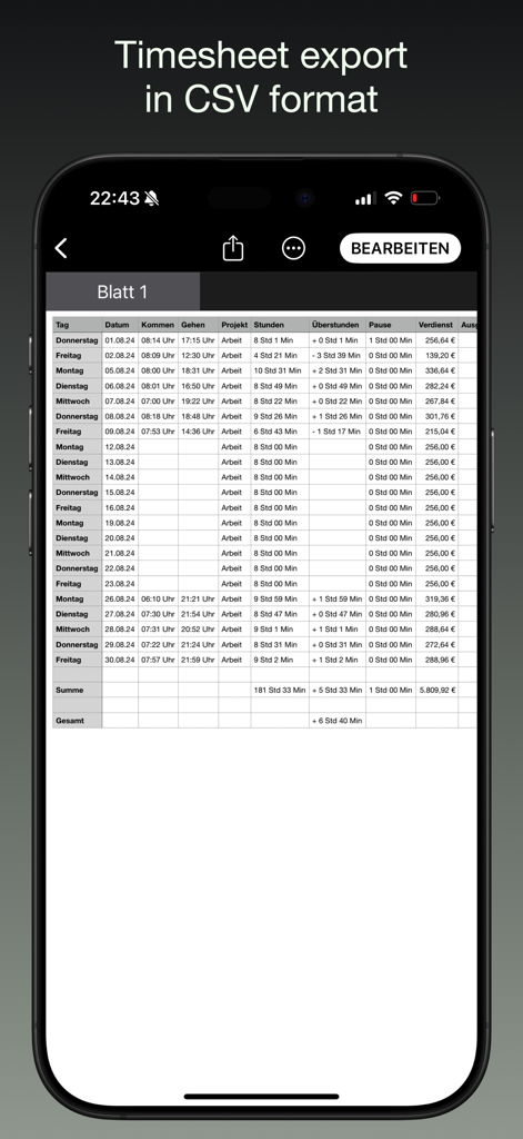 iboChron - Work Time Tracker - iboChron Stundenzettel-Export mit täglichen Arbeitsstunden und Einnahmen im CSV-Format.