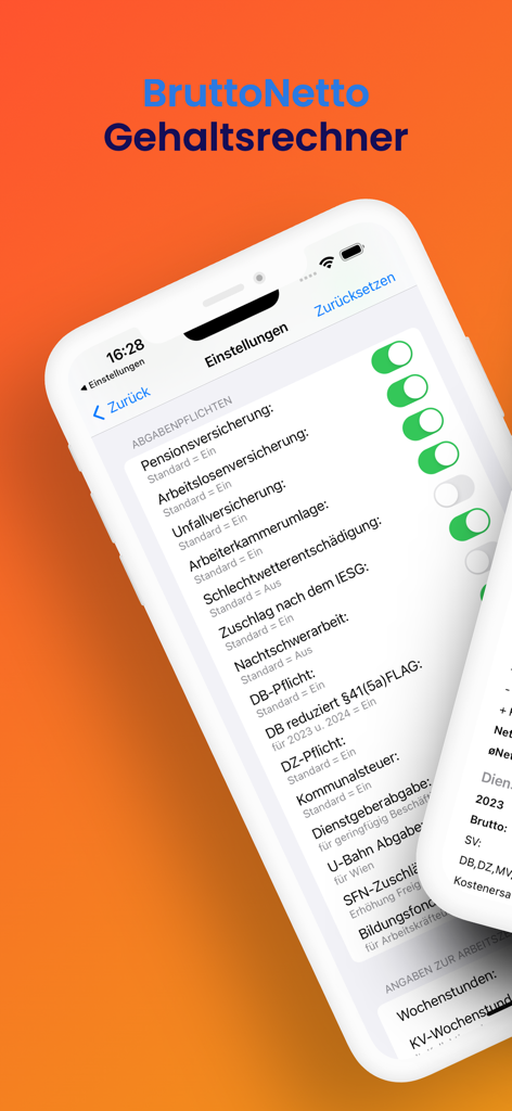BruttoNetto - Pantalla de configuración de la aplicación BruttoNetto que muestra las opciones de impuestos y deducciones de seguridad social austriacos