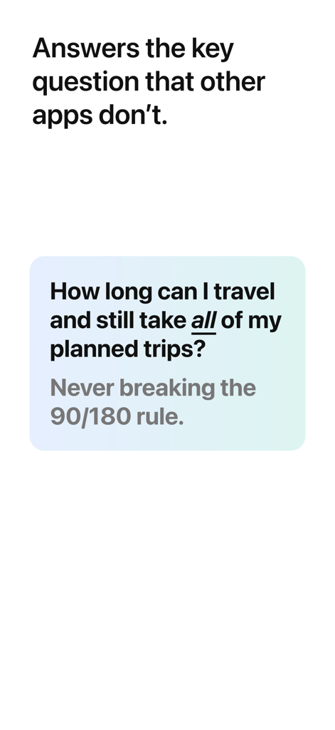 Schengen Simple app screen highlighting how it calculates travel duration while following the 90 180 rule
