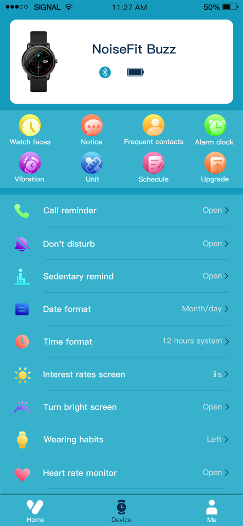 Noisefit ACE app screen showing settings for the NoiseFit Buzz smartwatch including call reminders, sedentary alerts, and heart rate monitoring.