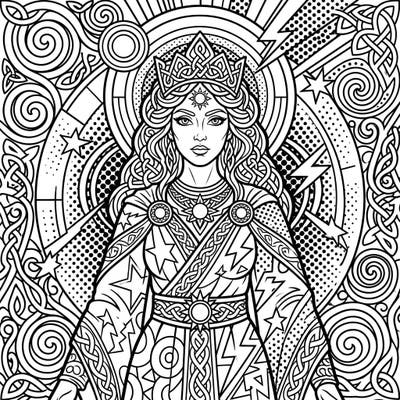 Discover a unique blend of ancient mythology and contemporary art with this stunning Celtic Goddess coloring page. Featuring bold Pop Art designs and intricate Celtic knotwork, it offers an engaging creative escape for all ages.