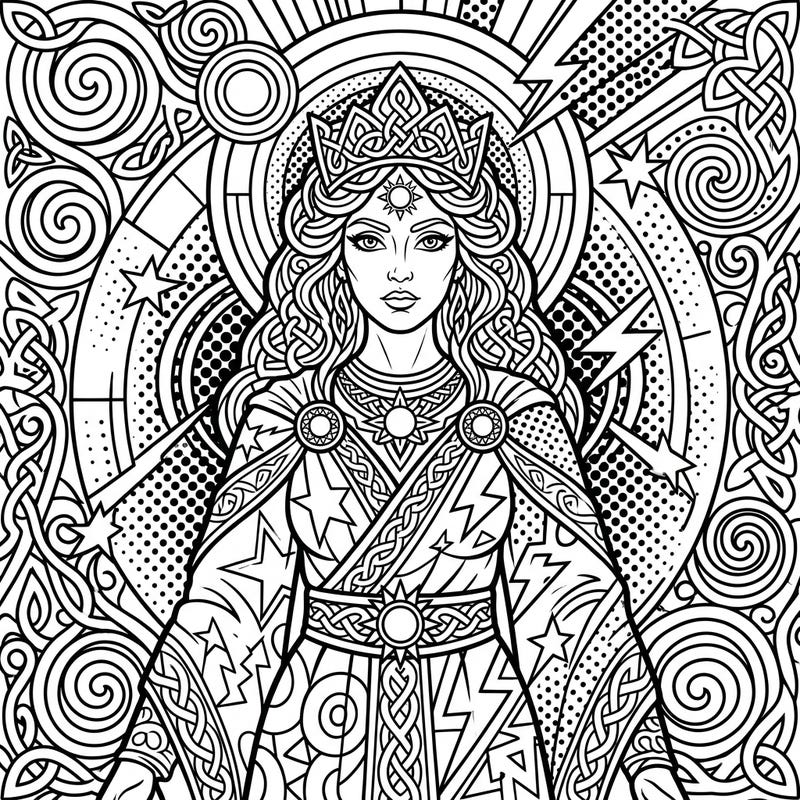 Discover a unique blend of ancient mythology and contemporary art with this stunning Celtic Goddess coloring page. Featuring bold Pop Art designs and intricate Celtic knotwork, it offers an engaging creative escape for all ages.