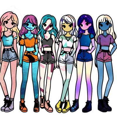 a group of girls wearing crop tops and shorts