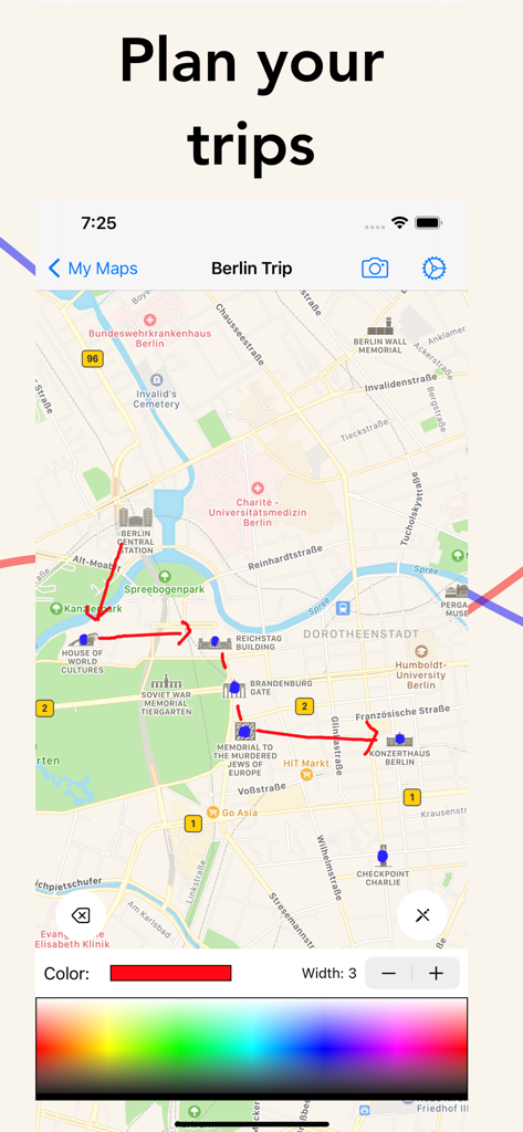 MapDraw App-Oberfläche, die eine handgezeichnete Reiseroute zwischen Sehenswürdigkeiten in Berlin zeigt.