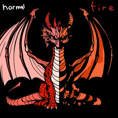 a realistic, symmetrical drawing of a dragon with a line down the middle