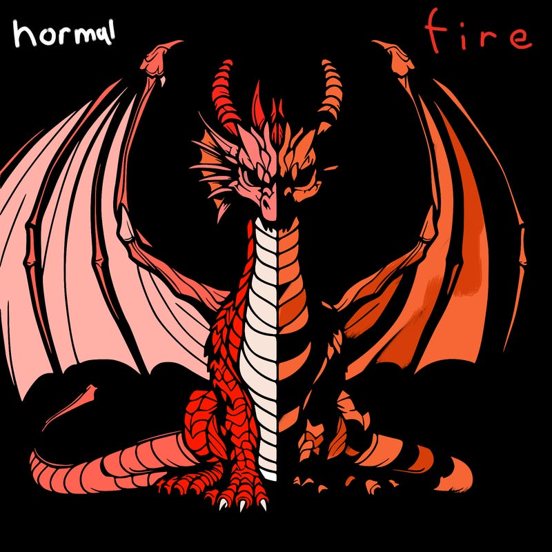 a realistic, symmetrical drawing of a dragon with a line down the middle