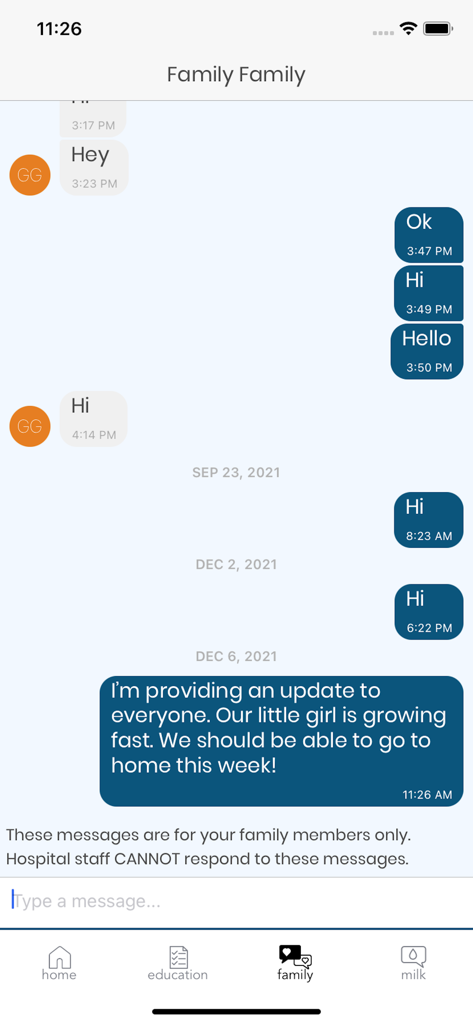 Angel Eye Mobile - Family messaging screen in the Angel Eye Mobile app for NICU updates