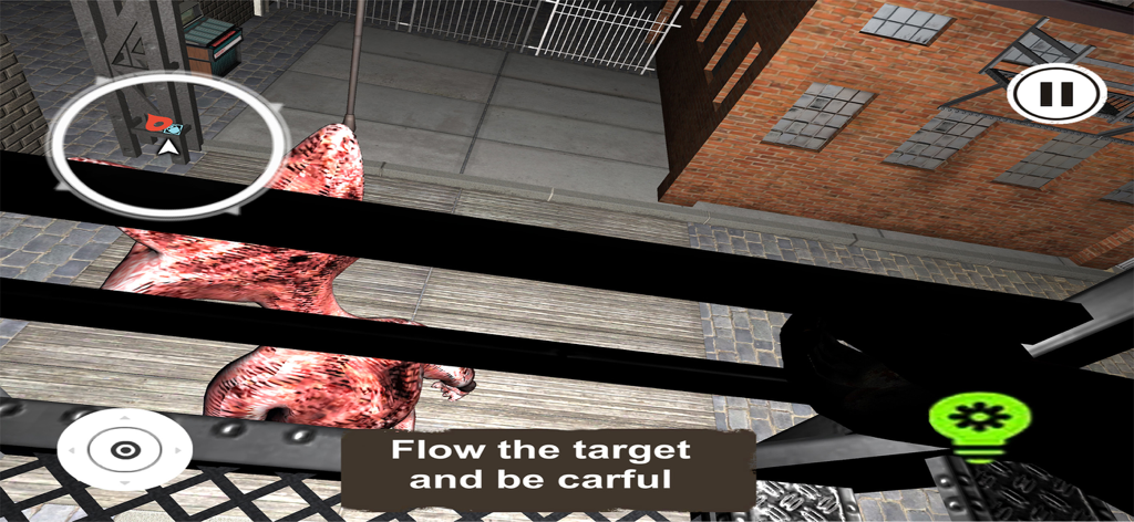 Escape from Zooville Nightmare - Vista in prima persona di un grande mostro rosa in una strada cittadina dal gioco Fuga dall'Incubo di Zooville