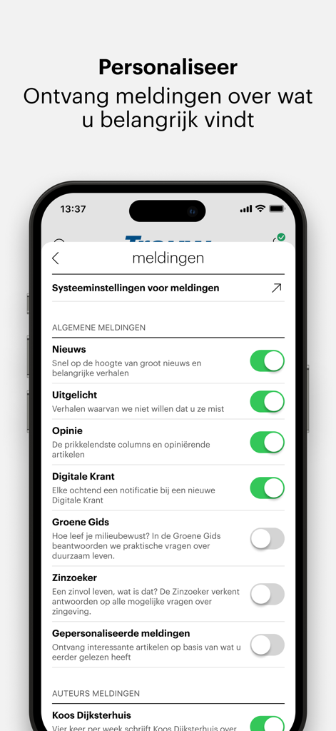 Uma tela no aplicativo Trouw mostrando vários interruptores para personalizar preferências de notícias e notificações.