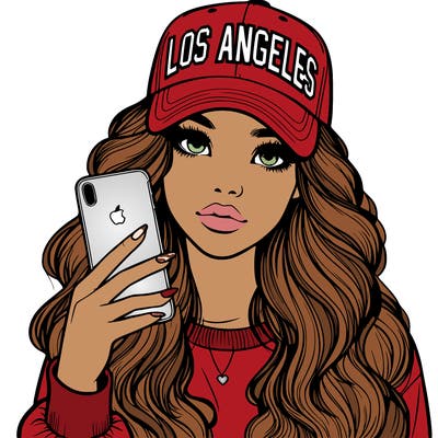realistic beautiful girl wearing los ángeles cap holding an iphone
