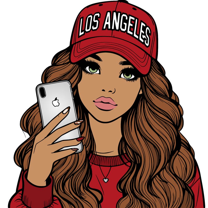 realistic beautiful girl wearing los ángeles cap holding an iphone