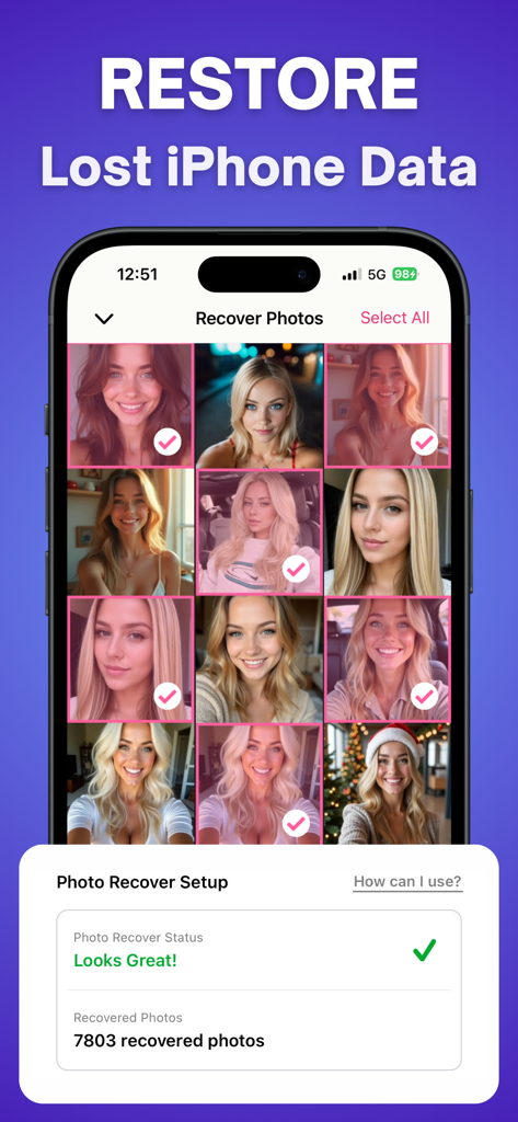 Pic Restore app interface showing a grid of recovered photos and a success message stating over seven thousand photos were restored
