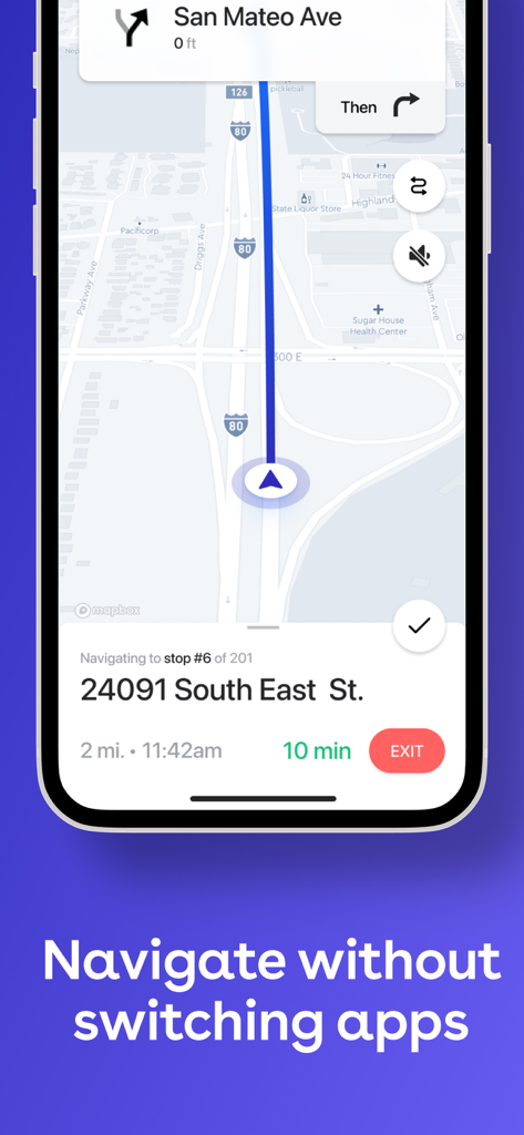 Straightaway Powered by Mapbox - Straightaway app interface showing in-app navigation for a delivery route