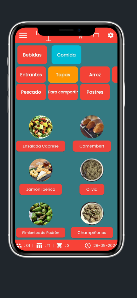 La Cuenta TPV mobile POS interface showing the tapas menu category with food images.