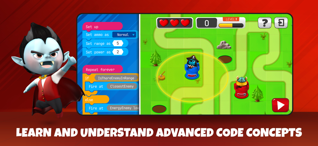 A visual coding interface for kids showing logic blocks and a game map simulation with cartoon characters