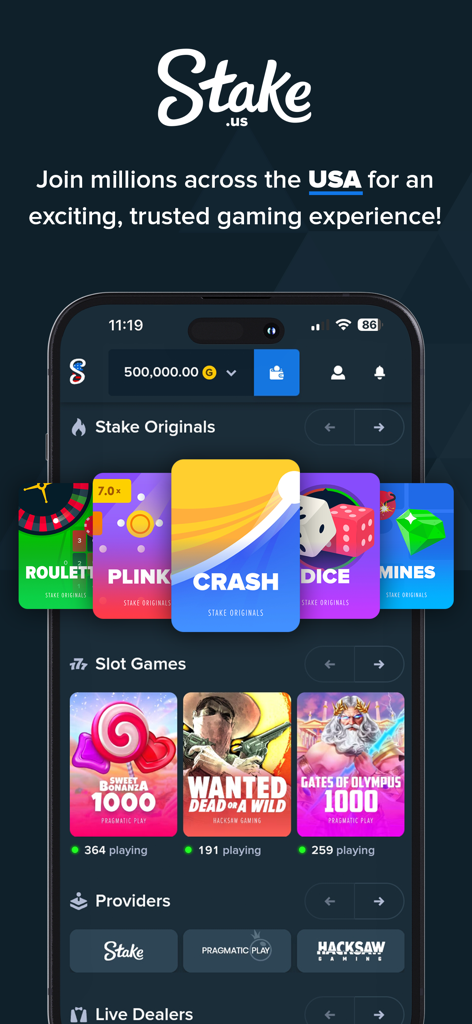 Mobile interface of the Stake.us casino app highlighting original games and popular slots.