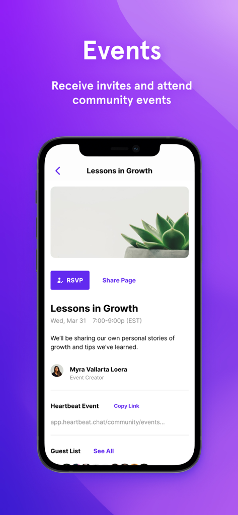 Heartbeat Chat mobile app displaying an events page for community members to RSVP and attend professional growth sessions.