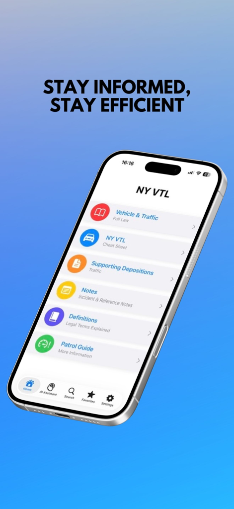 Main menu of the NY VTL law enforcement reference app showing sections for vehicle and traffic laws cheat sheets and legal definitions