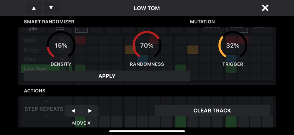 Interface of OCTACHRON MIDI Drum Sequencer showing the smart randomizer and mutation settings for a drum track