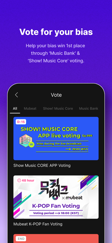 Mubeat for kpop Lovers - Mubeat app interface showing voting options for K-pop artists on music shows like Show Music Core and Music Bank.