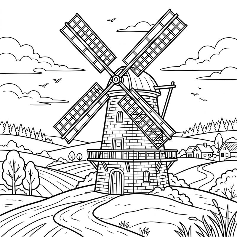 Discover the rustic beauty of a brick windmill nestled in a serene countryside landscape. This charming coloring page invites you to bring a classic rural scene to life with your favorite hues.