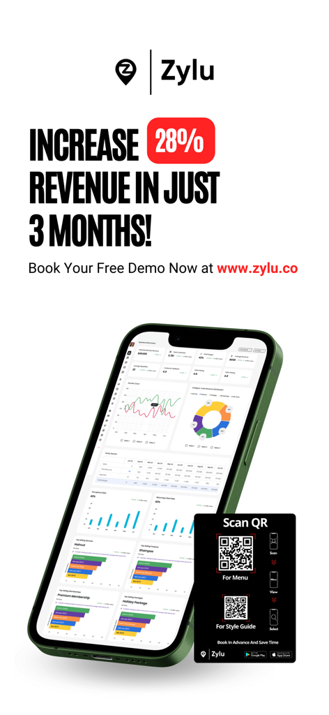 Zylu salon software marketing image featuring a business analytics dashboard on a smartphone and revenue growth statistics.