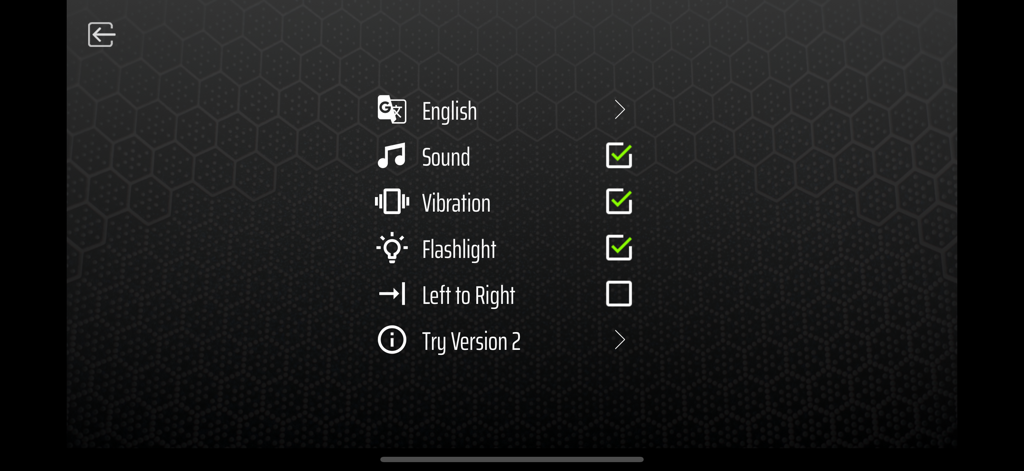 Gun Simulator - Shake to shoot - Menú de configuración de la aplicación Gun Simulator que muestra interruptores para los efectos de sonido, vibración y linterna.